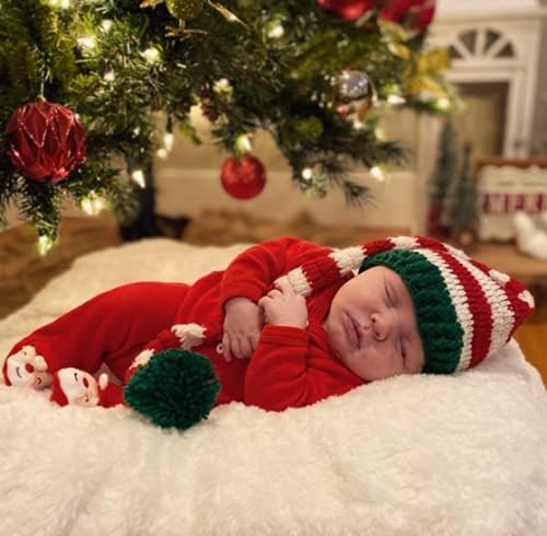 EDOBLUE Noel Bebek Yeşil Kırmızı Tığ ELF Uzun Kuyruk Pom-pom Şapka