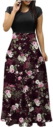 Kadınlar için yaz Elbiseler 2023, Bayan Çiçek Baskı Rahat Gevşek Plaj Maxi Elbise Yuvarlak Boyun Kısa Kollu Dökümlü