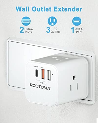 ROOTOMA Paketi, USB C ve 3 Çıkışlı USB Duvar Şarj Cihazı Çoklu Priz Genişletici ve USB'li Seyahat Mini Güç Şeritleri