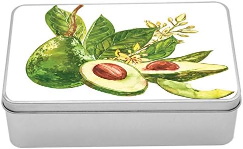 Ambesonne Avokado Metal Kutu, Suluboya Tarzı Sağlıklı Yeşil Meyve, Kapaklı Çok Amaçlı Dikdörtgen Teneke Kutu Konteyner,