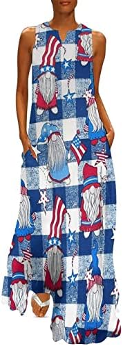 4th Temmuz Maxi Elbiseler Kadınlar için Gevşek Casual Yaz Boho Elbise Kolsuz V Yaka Elbise Amerikan Bayrağı Dökümlü