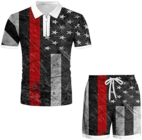 Erkek Yaka Tshirt Eşofman 2 Parça Bağımsızlık Günü 3D Amerikan Bayrağı baskılı tişört Gömlek ve Şort Atletik Kıyafetler