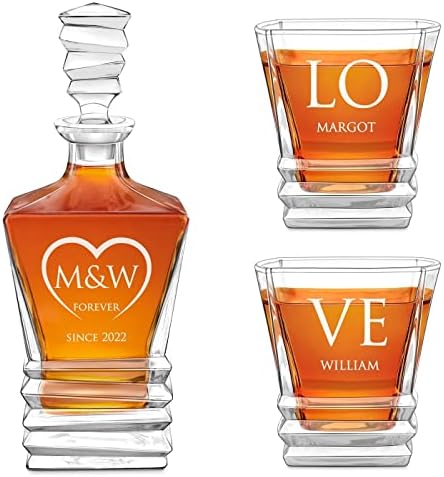 Maverton Gravürlü Viski Tadım Seti-Çift için-Kristal Sürahi ve 2 Bardak - Bilenler için Barware - Geometrik Viski