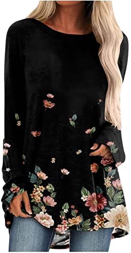 Siyah Bayanlar Crewneck Tees Casual Tops T Gömlek Uzun Kollu Şakayık Çiçek Grafik Sonbahar Yaz Tees 2023 Elbise YC