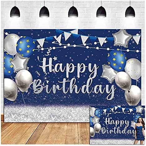 Gümüş parıltılı Mavi Noktalar Balon Mutlu Doğum Günü Tema Fotoğraf Arka Planında 5x3ft Erkek Kadın Kız Doğum Günü