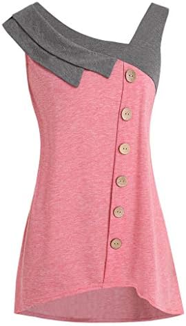 Kadın Rahat kolsuz üstler, Gevşek Renk Blok Bluz Düğme T-Shirt Eğik Boyun Asimetrik Tankı Üstleri Yaz Tunik