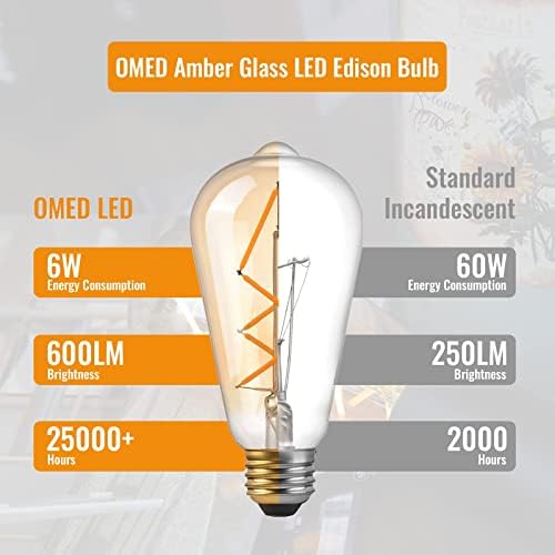 OMED LED edison ampulleri 60 W Eşdeğer Amber Cam Kısılabilir 6 Paket, G80 Yarım Siyah ampuller E26 Taban 2700 k Yumuşak