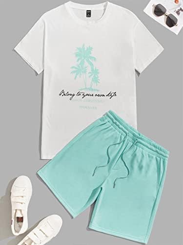 FDSUFDY İki Parçalı Kıyafetler Erkekler için Erkekler Tropikal ve Slogan Grafik Tee ve İpli Bel Parça şort takımı