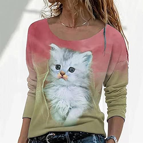 KCJGİKPOK Bayan Sevimli Kedi Baskılı Uzun Kollu Gömlek Moda Yuvarlak Boyun Kazak Kazak Casual Gevşek Bluzlar Tops