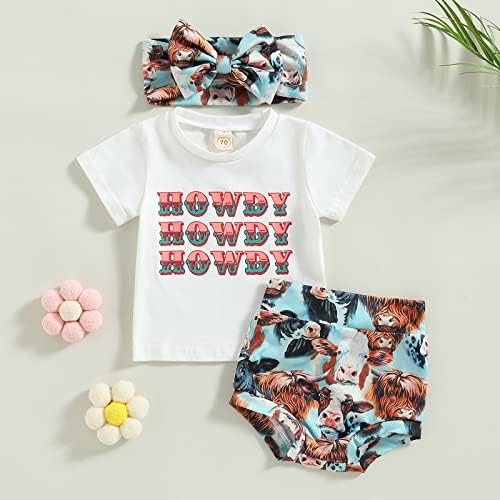 Batı Bebek Kız Yaz Boho İnek Mektubu Baskı kısa kollu tişört Tops + İnek Baskı Bloomers Şort + Kafa Bandı Kıyafetler