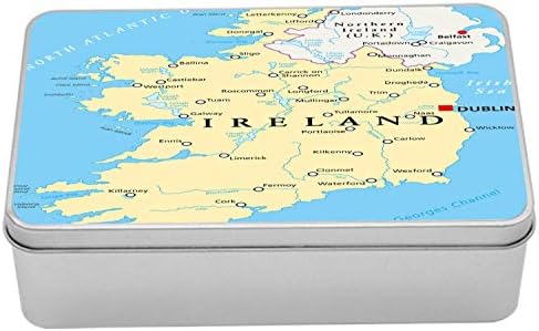 Ambesonne İrlanda Haritası Metal Kutu, Yüksek Detaylı Haritalama Siyasi Coğrafi Şehirler Nehirler, Kapaklı Çok Amaçlı