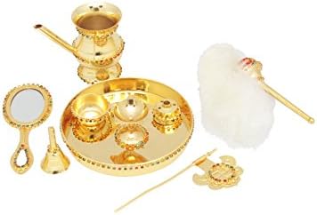 GoldGiftİdeas 24 K Altın Kaplama Jain Elmas Pooja Thali Seti, Pooja Thali Dekoratif Levha, Benzersiz Şenlikli Hediye