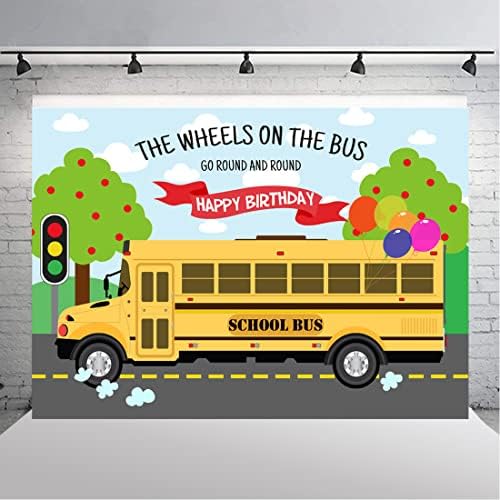 Lofaris Mutlu doğum Günü Backdrop Otobüsteki tekerlekler Yuvarlak ve yuvarlak Okula Dönüş Otobüsü Doğum Günü Erkek