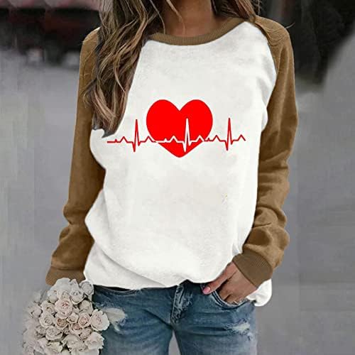Kadın EKG Grafik Tişörtü sevgililer Günü için Raglan Uzun Kollu Kazak Rahat Fit Bluz Kazak Tops