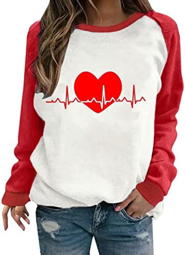Kadın EKG Grafik Tişörtü sevgililer Günü için Raglan Uzun Kollu Kazak Rahat Fit Bluz Kazak Tops