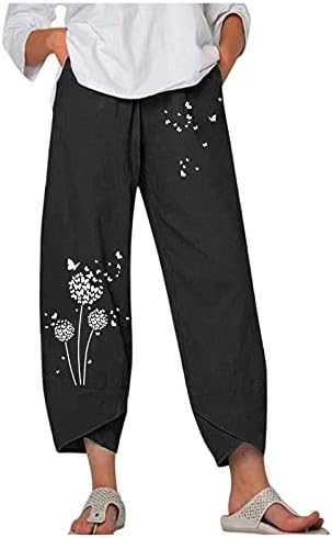 WOCACHİ Yaz kapri pantolonlar Kadınlar için Rahat Pamuk Keten Geniş Bacak Pantolon Cepler Elastik Bel Kapriler Kırpılmış