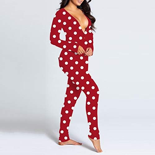Noel Seksi Onesie Pijama Kadın Düğmeli Flap Fonksiyonel Tulum Uzun Kollu V Boyun Bodycon Tulum Yumuşak Rahat Kıyafeti