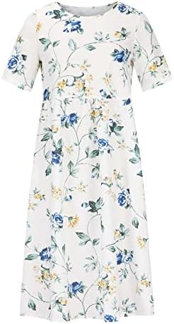 ticcoy Kadınlar 2023 yaz elbisesi Her Yerinde Çiçek Baskı Dantelli Elbiseler Crewneck Kısa Kollu Midi Elbiseler Cepler