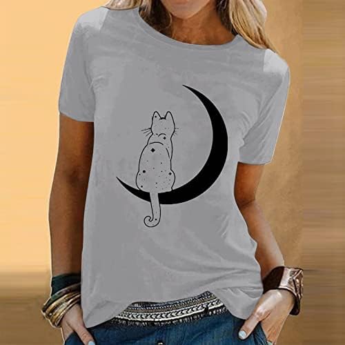 Uzun Kollu Katmanlı Kadınlar için Üstleri Bayan İlkbahar Yaz Kediler Baskılı Kısa Kollu O Boyun T Gömlek V Boyun