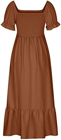 FEHLEGD Kadın Yaz Casual Maxi Elbise Kare Boyun Kısa Kollu Önlüklü Fırfır Uzun Elbiseler Flowy İnce Katı tatil elbisesi