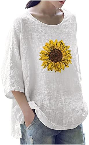 Beyaz Gençler 3/4 Kollu Bluzlar Ayçiçeği Çiçek Grafik İnce Tunikler Bluzlar Büstiyer Tişörtleri Crewneck Bluzlar