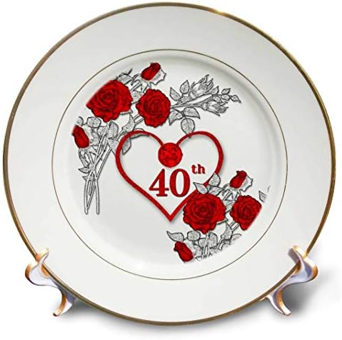 3dRose Kırmızı Kalp ve Güller Düğün Veya İş için 40. Yakut Yıldönümü Porselen Tabak, 8