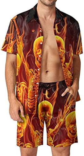 BAİKUTOUAN Yangın İskeletler erkek 2 Parça havai gömleği Takım Elbise Rahat Gevşek Düğme Aşağı Üst ve plaj şortu