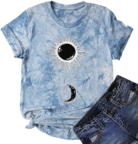 Sevimli Komik Batik Hediye Gömlek Bayan Kısa Kollu Crewneck Ay Güneş Grafik Bluzlar Tees Bayanlar 2023 74
