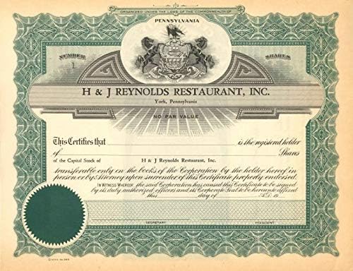 H ve J Reynolds Restaurant, Inc. - Sertifika 1-Stok Sertifikası