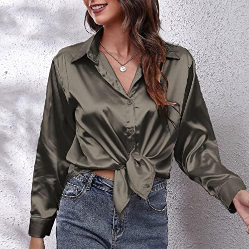 Kadın Bluzlar Moda 2023 Düz Renk Saten İpek Gömlek Uzun Kollu Taklit Gömlek Üst Bluzlar