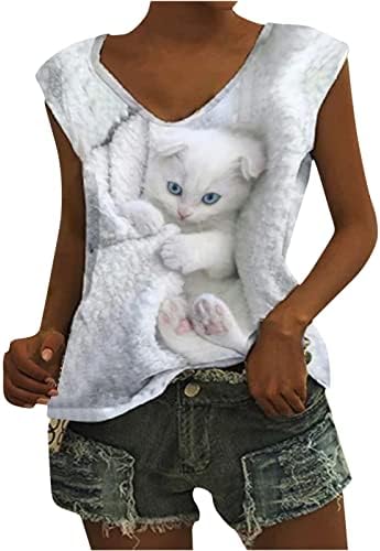 Bayan Gömlek 3D Kedi Baskı Tankı Üstleri Rahat Grafik Tees Üst Yaz Kolsuz T-Shirt V Yaka Bluz Pet Severler Hediye