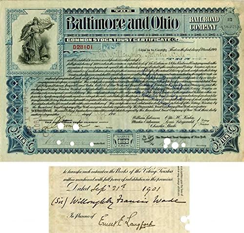 Baltimore ve Ohio Demiryolu A. Ş. Sir Willoughby Francis Wade tarafından verilmiş ve İmzalanmış - Stok Sertifikası